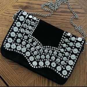 Vintage Black Suede and Silver Studded Crossbody Clutch